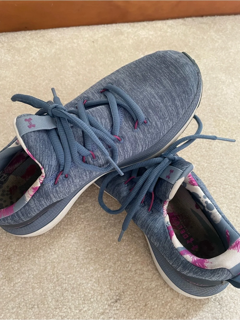 Under Armour Women's Heathered Blue Running Shoes with Pink Logo